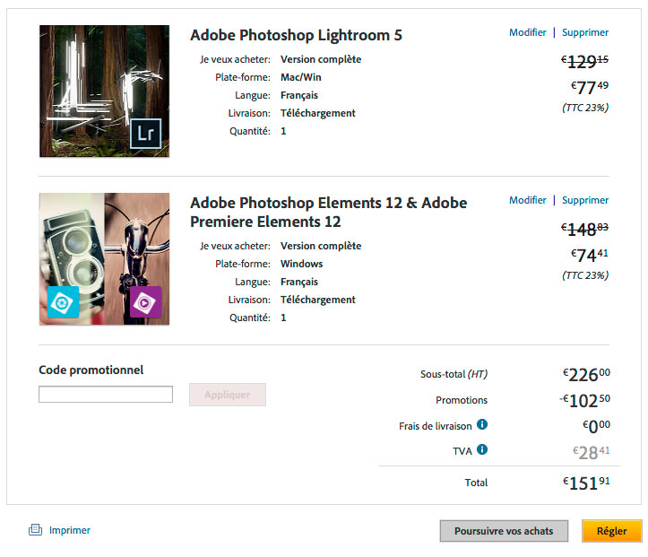 Promotion Lightroom (77,49€) et Bundle Elements (74,41€) jusqu'au 4/12